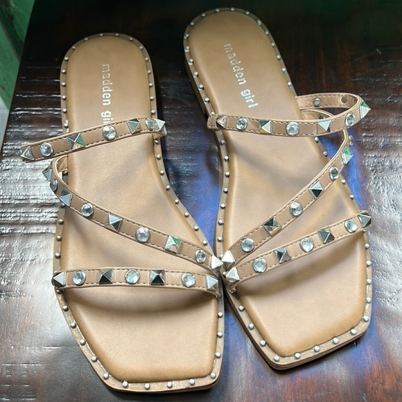 Madden Girl Shoes - madden girl tan/silver studded slides size 8.5